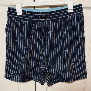Murano Navy Blue Striped Swim Trunks with Insect & Fly Print. Size Large